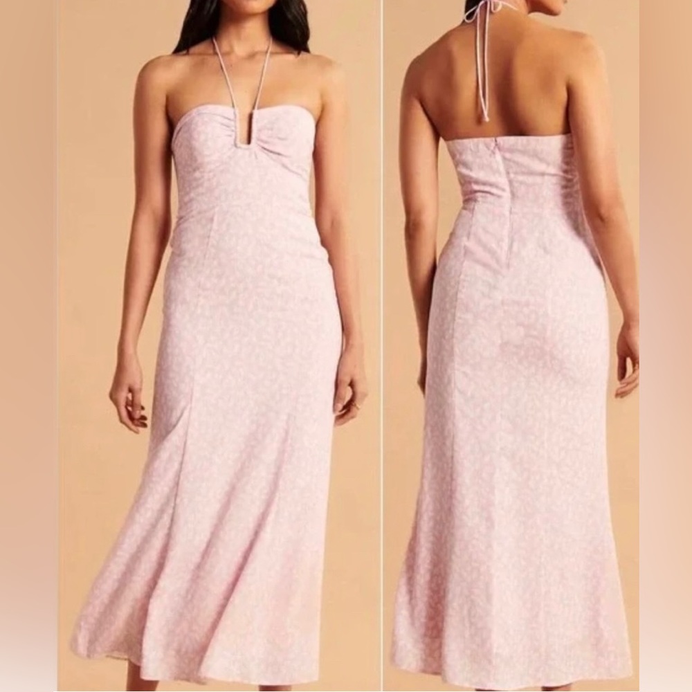 Abercrombie Fitch Pink Floral Cinched Bust U-Shape Flowy Halter Neck Maxi Dress